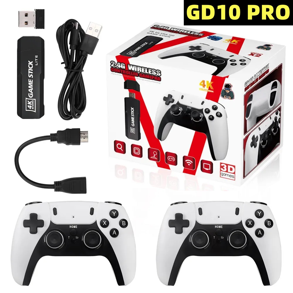 Retro Game Controller Usb - ビデオゲーム用の新しいGd10Proコンソール,ダブルワイヤレスコントローラー,HD,4k,58000ゲーム,64GB,レトロなゲームハンドル,コントローラー,2.4g