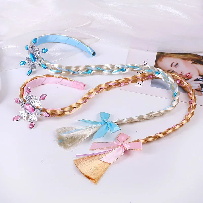 Elsa Gadget - 冷凍かつら三つ編みプリンセスヘアバンドガールエルサスノーフレークブルーピンクヘッドバンドヘアアクセサリー女王頭飾り女の赤ちゃん織り